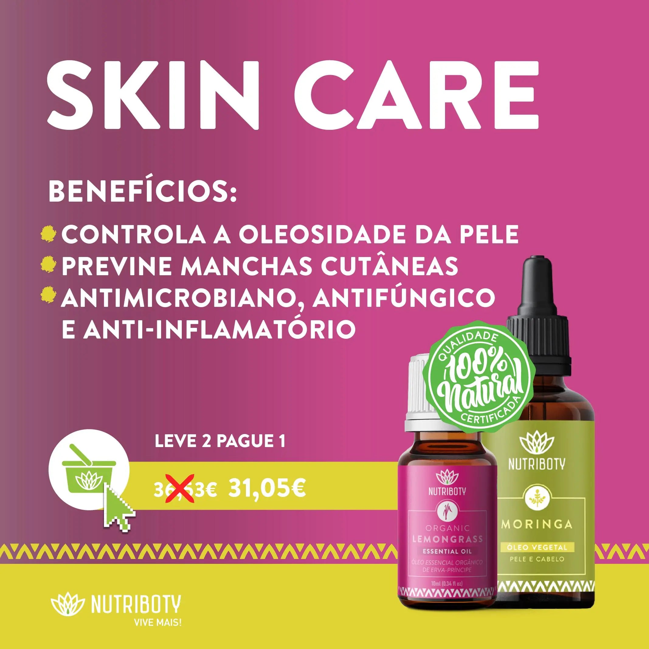 Óleo essencial Caxinde, ou Lemongrass (Erva-Príncipe ou Capim-Limão) com um aroma cítrico suave e propriedades de limpeza da pele e do cabelo, é perfeito para reduzir a oleosidade dos mesmos e evitar as manchas na pele.  Óleo Vegetal de Moringa, com efeitos hidratantes e desinfetantes, com vitamina A vitamina e Retinol